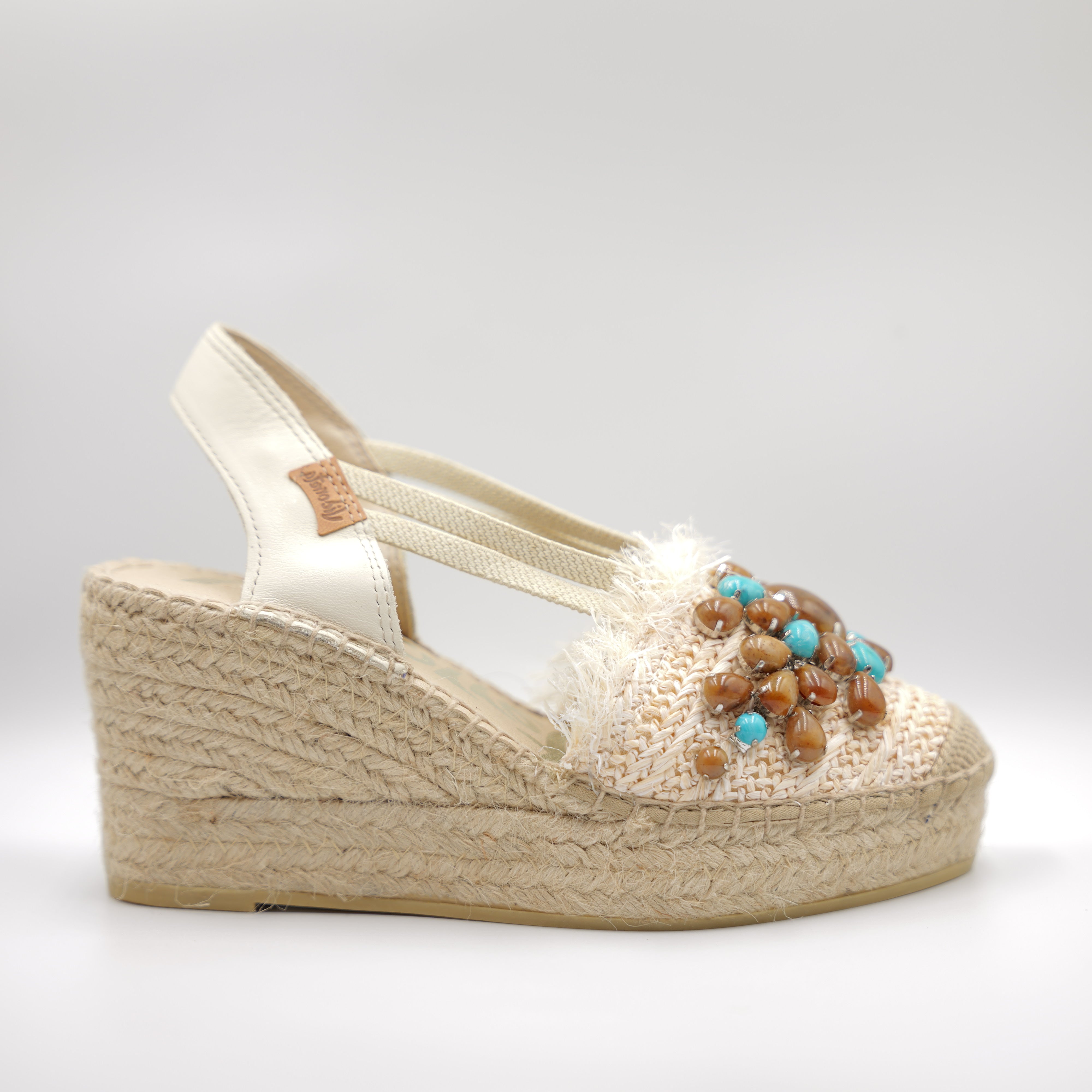 Vidorreta - Espadrillas panna in pelle e raffia con accessorio gioiello