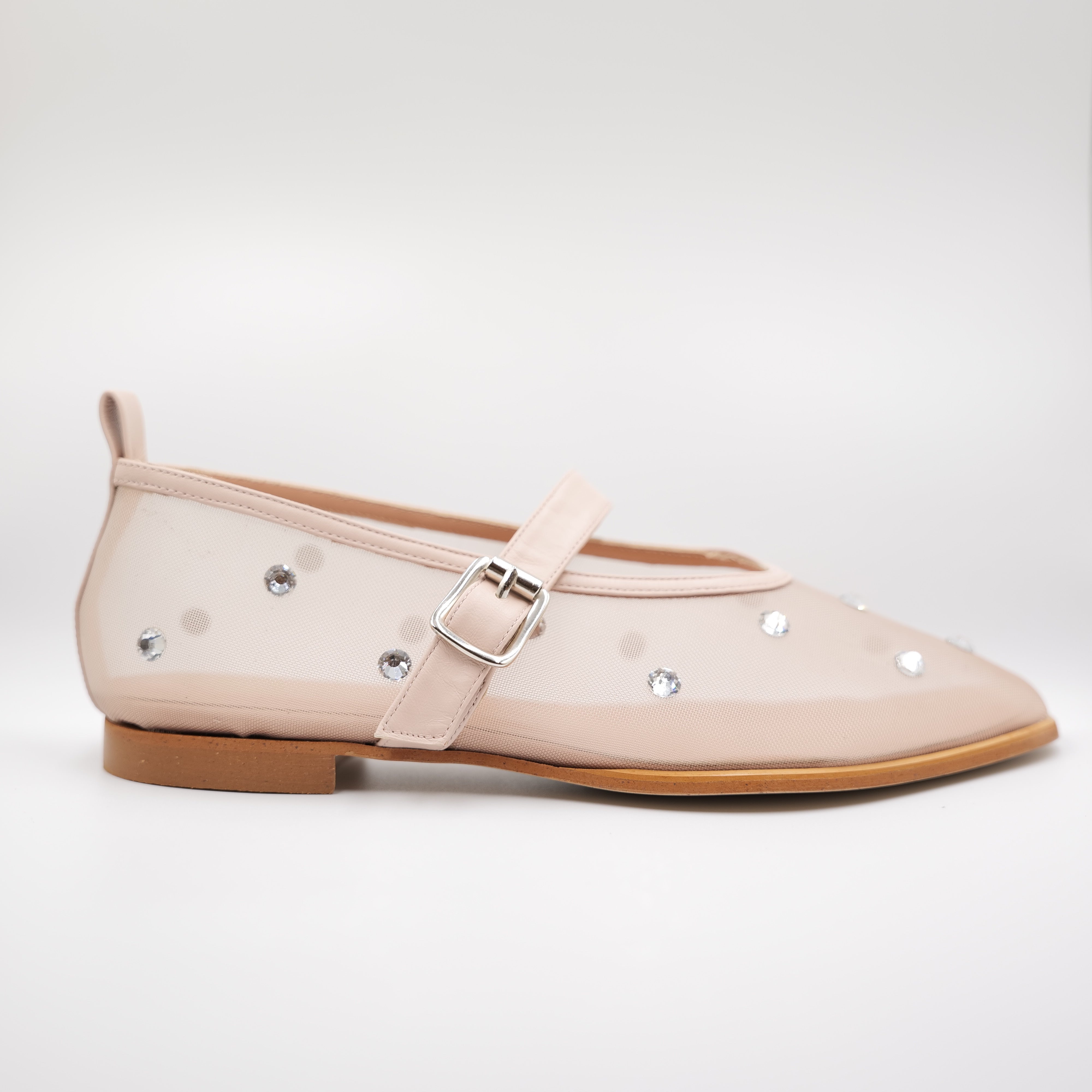 Ora - Ballerine in pelle e rete con strass e cinturino