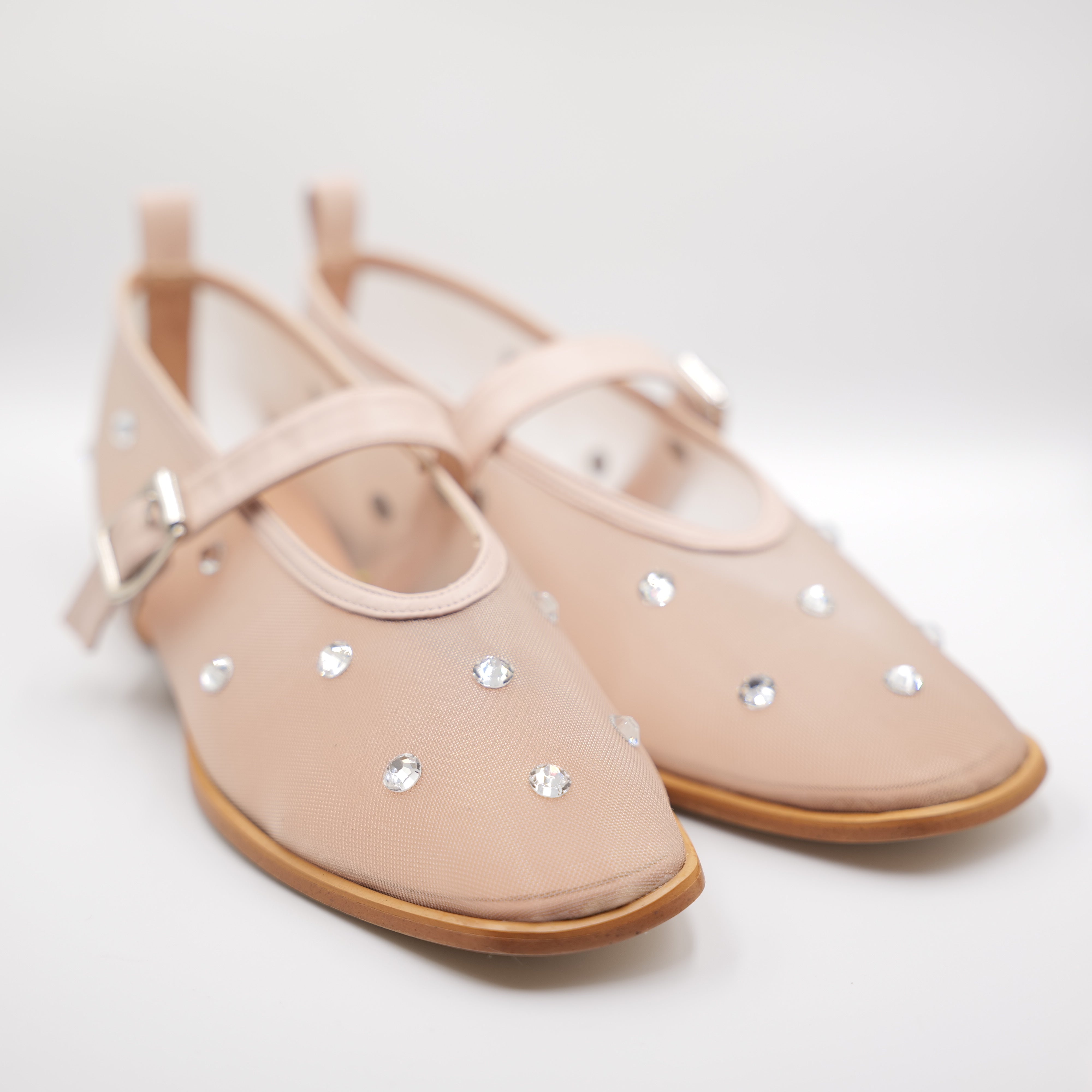 Ora - Ballerine in pelle e rete con strass e cinturino