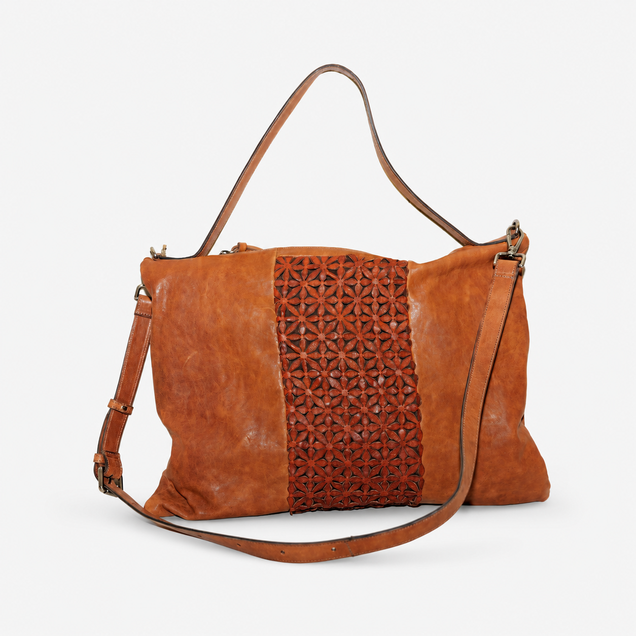 Soho Bags – Borsa Shopping in Pelle con Inserto Traforato Cuoio e Testa di Moro