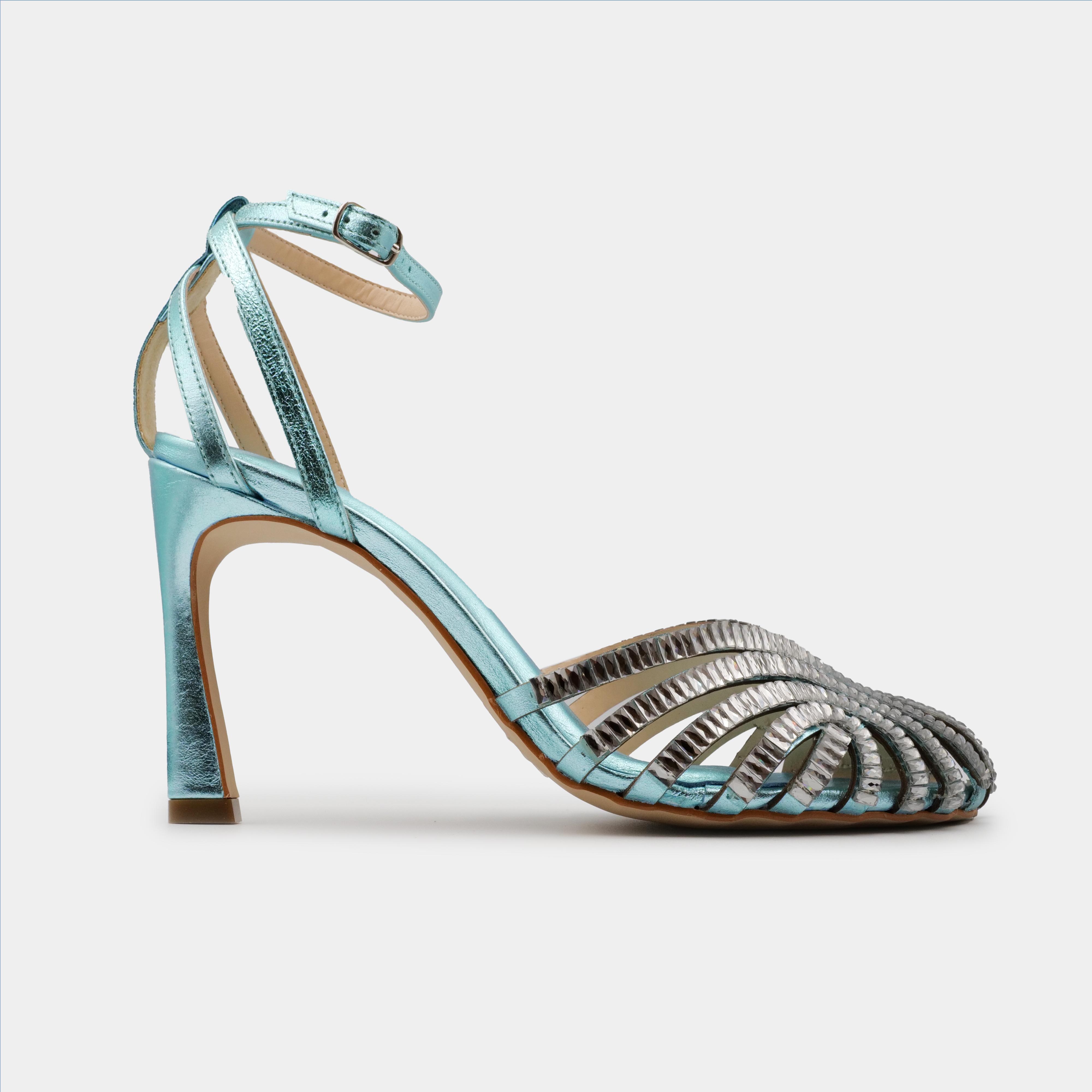 Unique - Sandalo con tacco a ragnetto punta tonda colore polvere e strass argento
