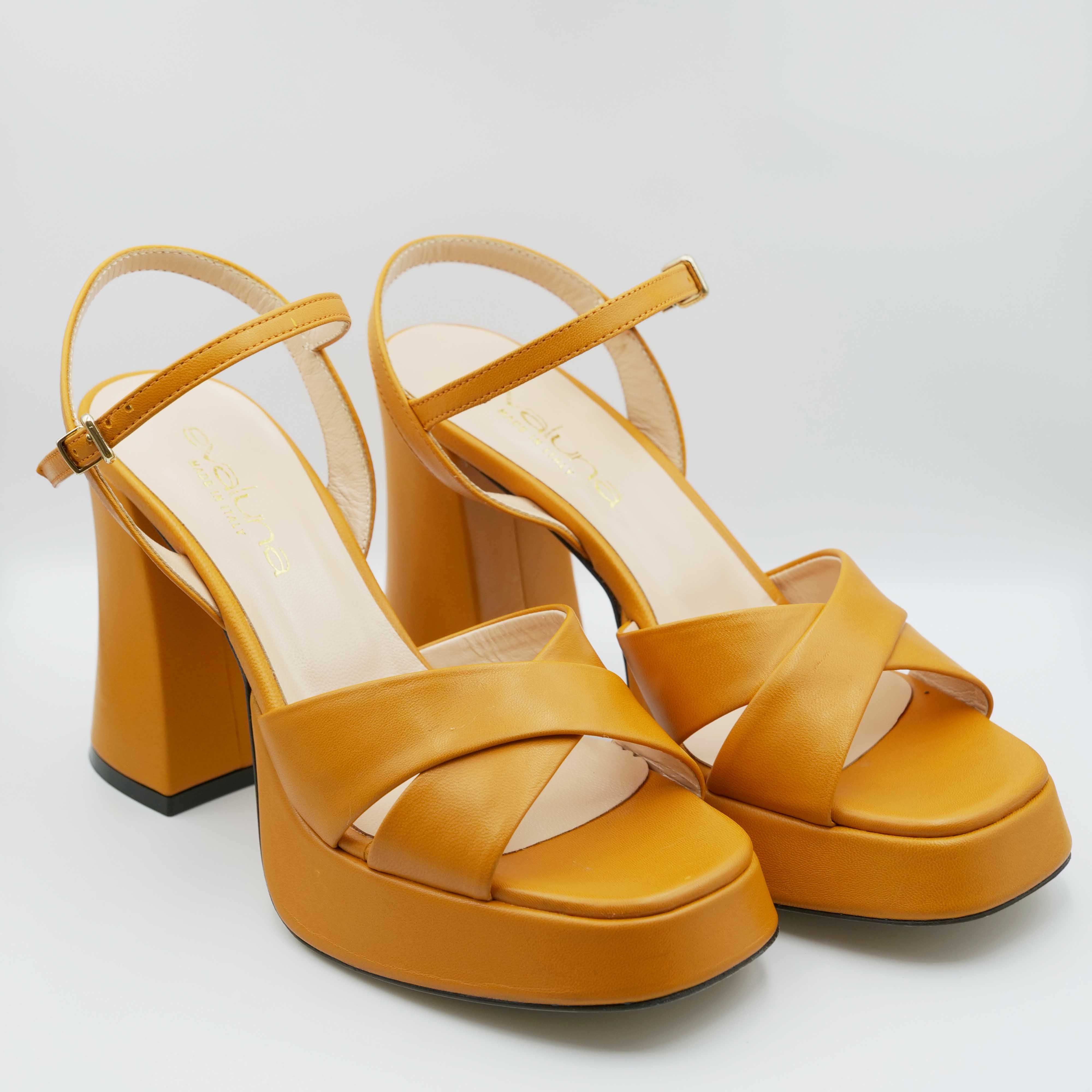 Eva Luna - Sandalo con tacco alto e largo in pelle arancio incrocio e cinturino alla caviglia