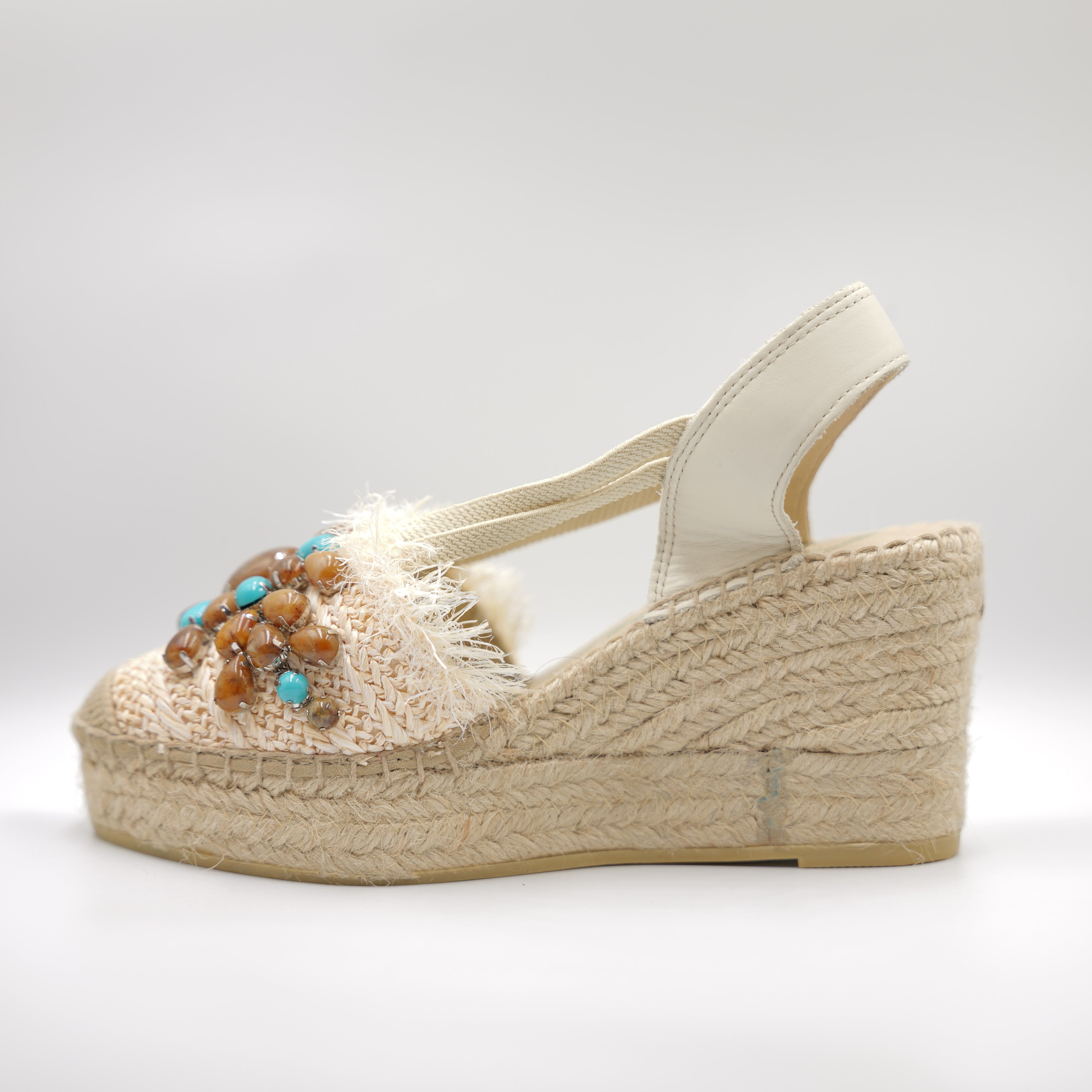 Vidorreta - Espadrillas panna in pelle e raffia con accessorio gioiello