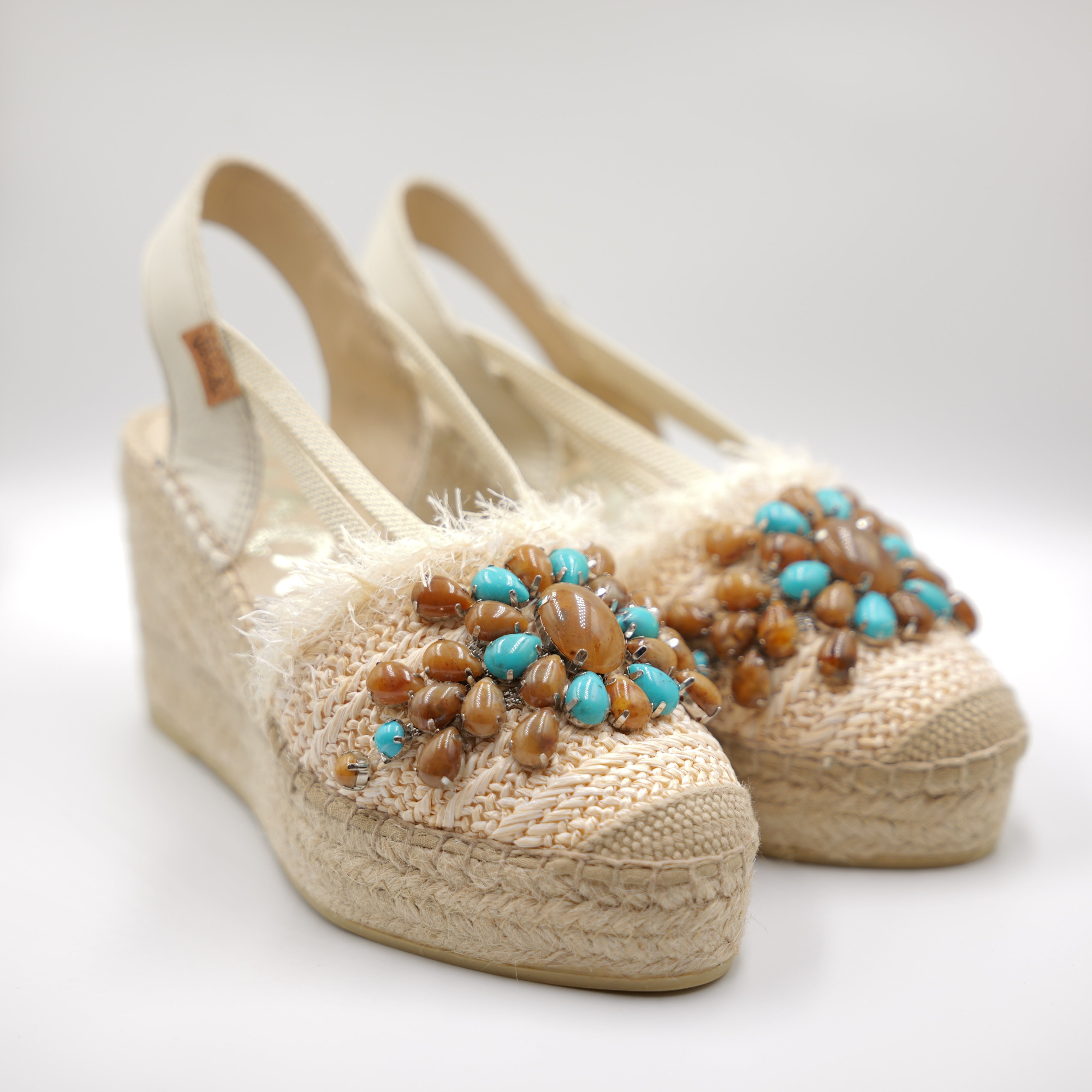 Vidorreta - Espadrillas panna in pelle e raffia con accessorio gioiello
